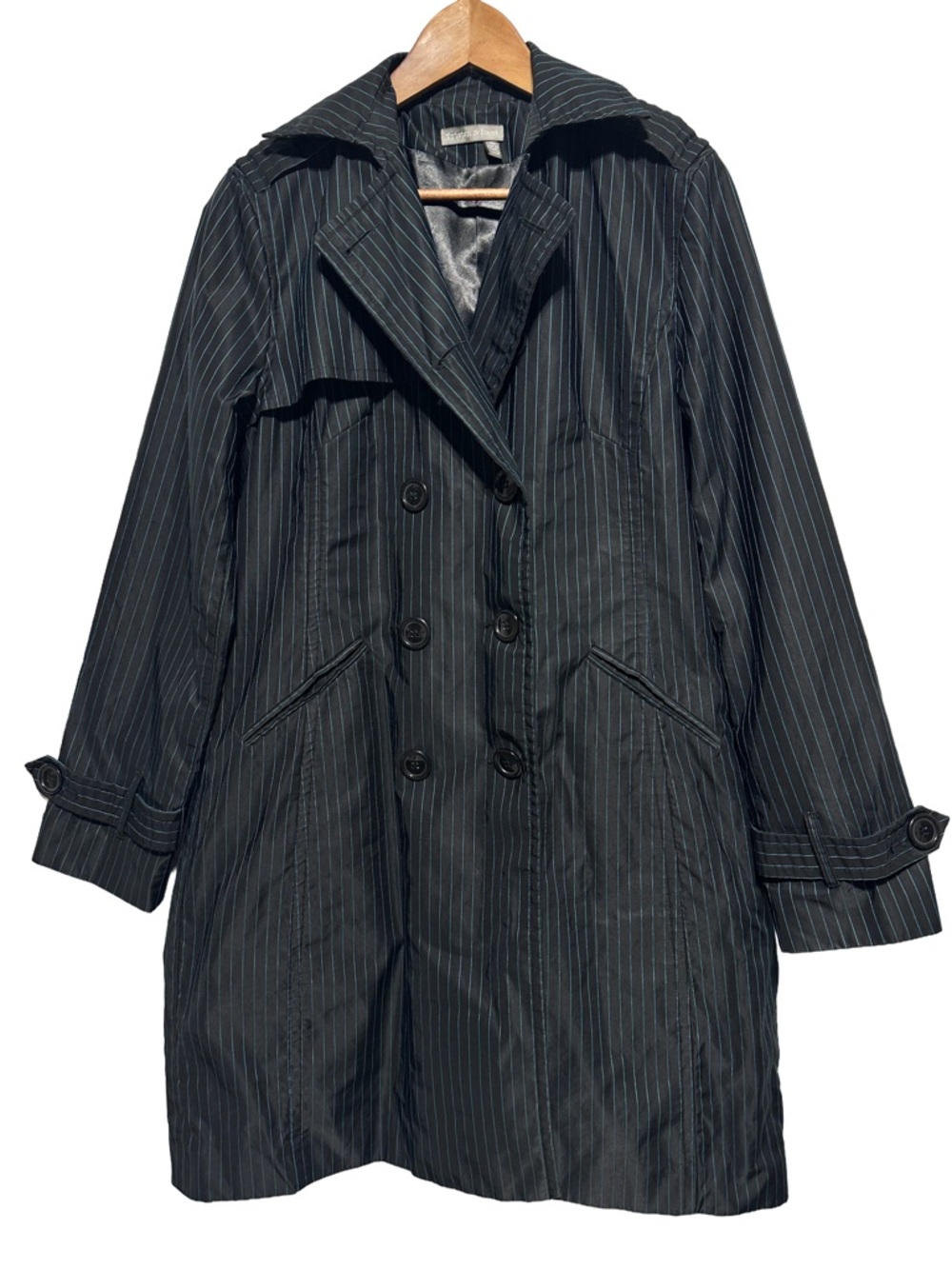 Tristan & Iseut Black Pinstripe Double Breasted Trench Coat XL